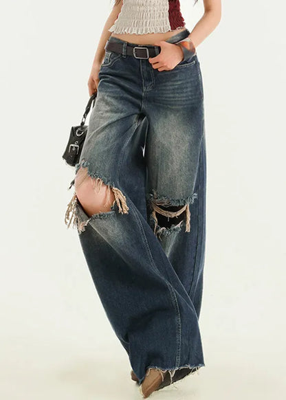 Blue High Waist Wide Leg Ripped Jeans Fall