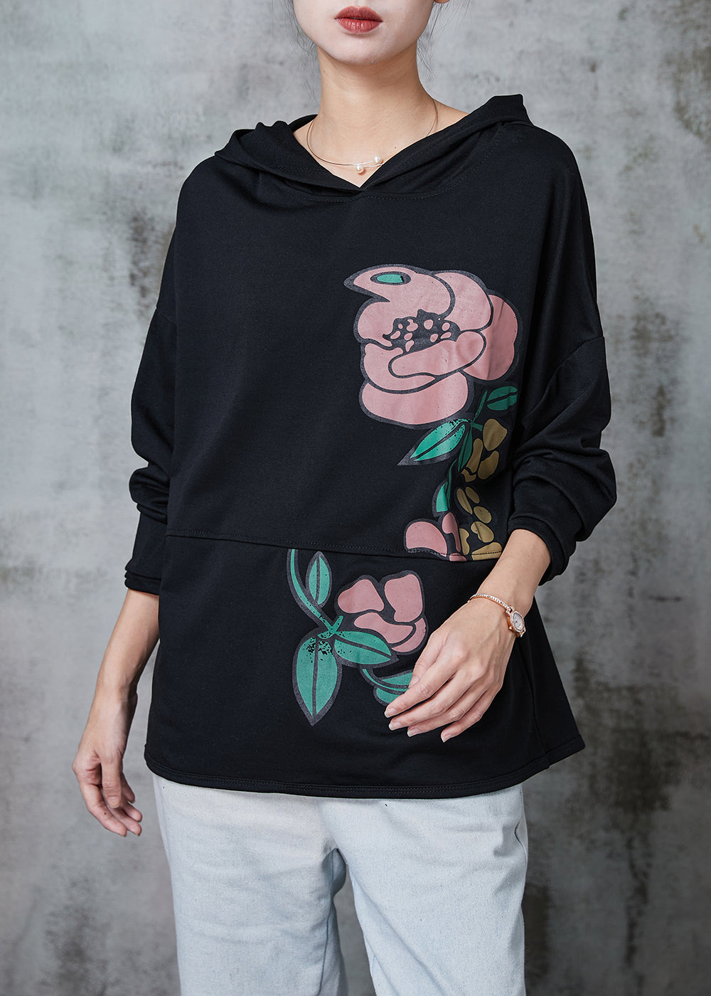 Black Patchwork Cotton Sweatshirt Oversized Spring