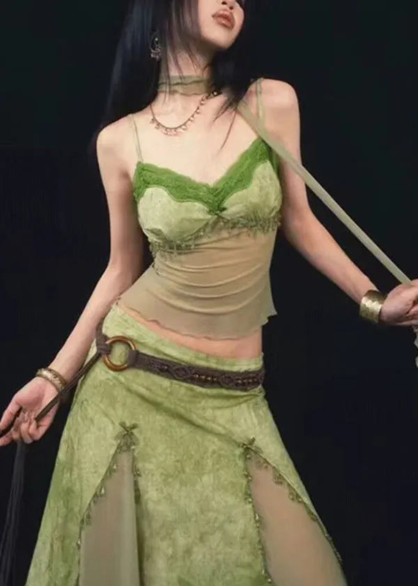 Green Tie Dyed Suspender Top and Skirt Two Piece Set Summer