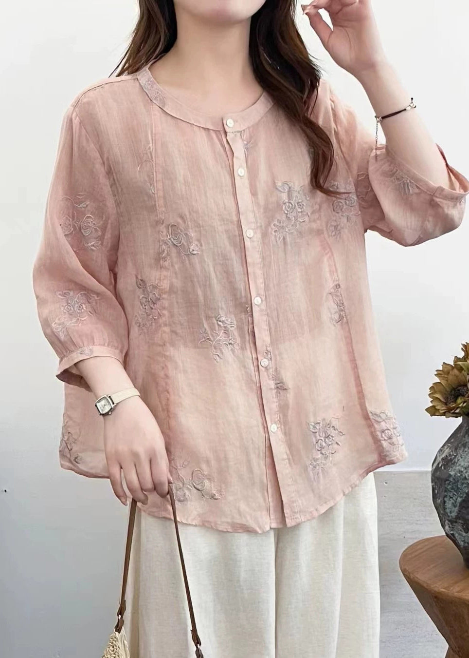 Pink Embroidered Linen Loose Shirt Half Sleeve