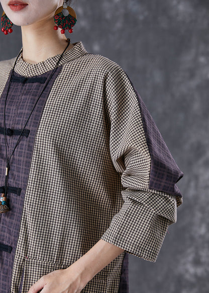 Plaid Patchwork Pockets Cotton Long Blouses Fall