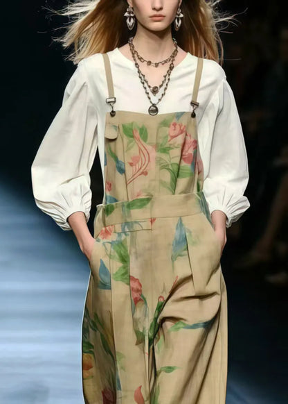 Style Khaki Oversized Print Cotton Jumpsuit Summer