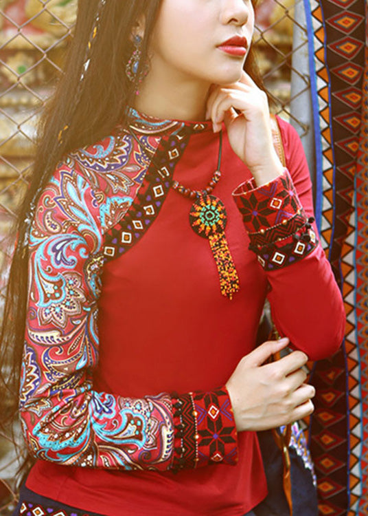 Red Turtleneck Print Cotton Tops Spring