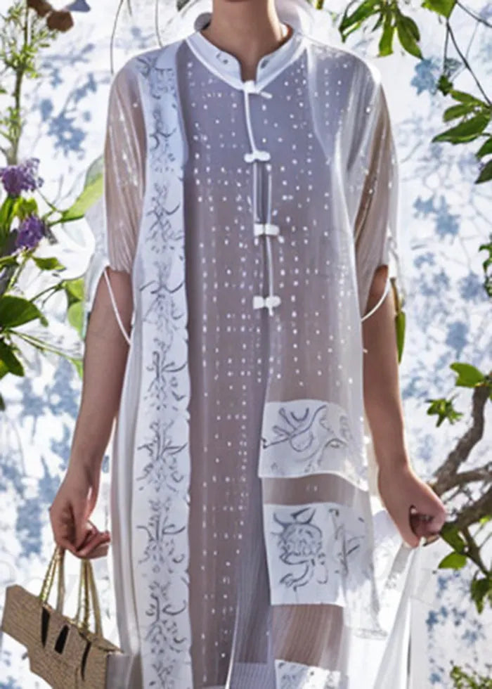 White Mandarin Collar Print Silk Long Dress Summer