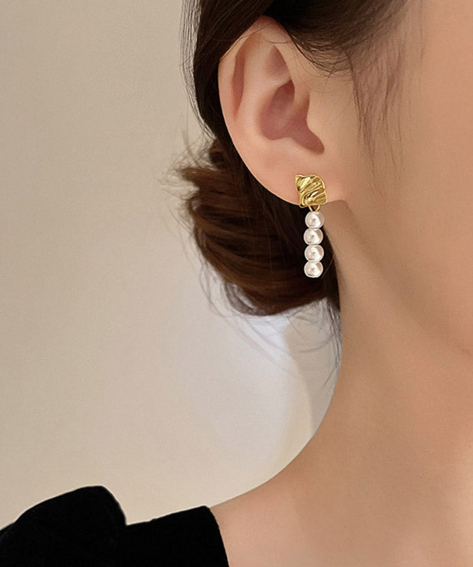 Gold Copper Alloy Asymmetric Pearl Drop Earrings