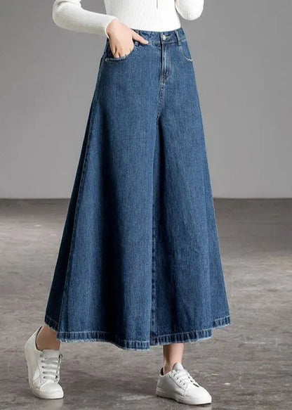 Blue High Waist Pockets Wide Leg Fall Denim Pants