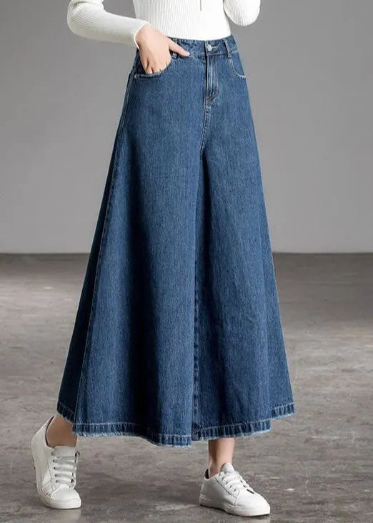 Blue High Waist Pockets Wide Leg Fall Denim Pants
