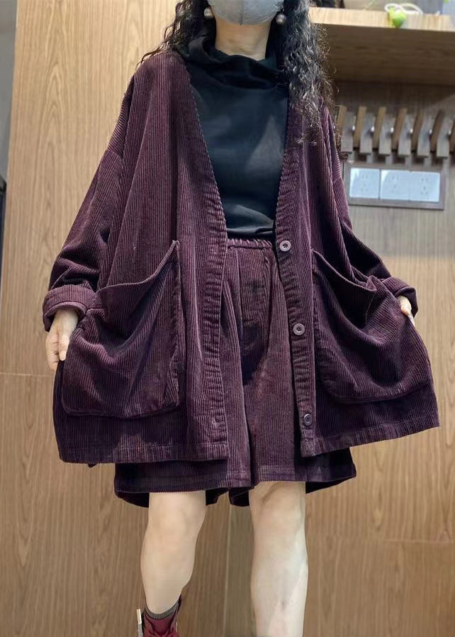 Purple Pockets Corduroy Two Piece Suit Set Spring