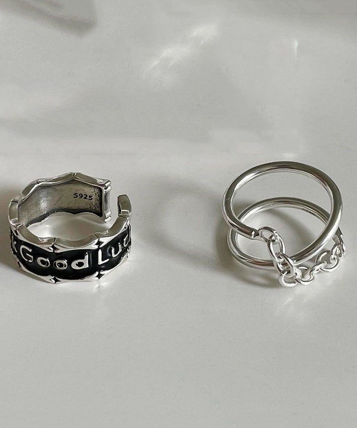 Retro Silk Stainless Steel Patchwork Chain and Graphic Two Piece Set Rings