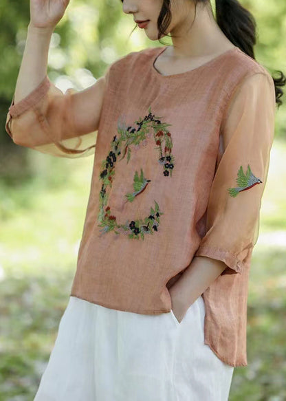 Pink Embroideried Tulle Patchwork T Shirt Half Sleeve