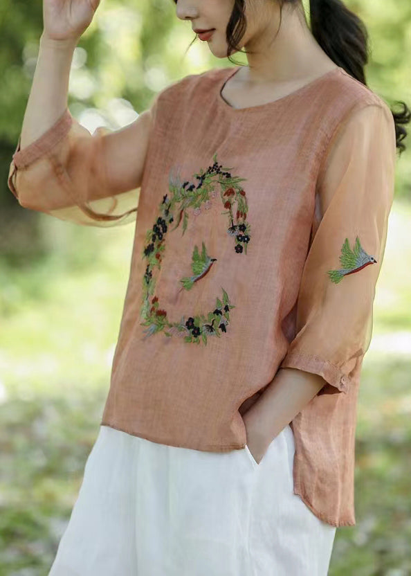 Pink Embroideried Tulle Patchwork T Shirt Half Sleeve