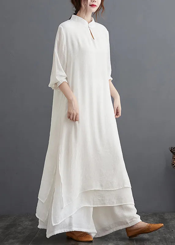 White Stand Collar Patchwork Cotton Two Pieces Set Fall