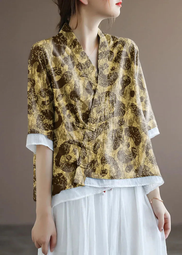 Chinese Style Lake Yellow Leopard Print V Neck Double-deck Cotton Top Half Sleeve