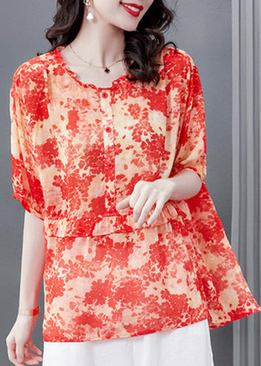 Watermelon Red O-neck Wrinkled Asymmetrical Print Chiffon Tops Short Sleeve
