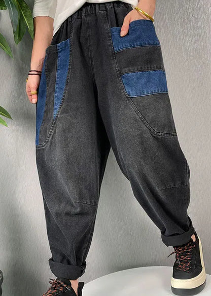 Natural Black Patchwork Denim Harem Pants Spring