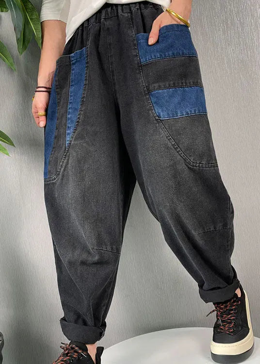 Natural Black Patchwork Denim Harem Pants Spring