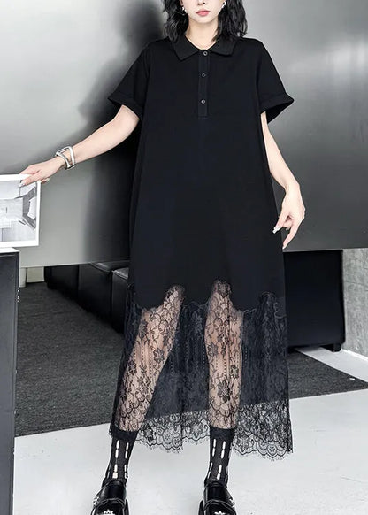 Black Peter Pan Collar Lace Patchwork Cotton Dresses Summer