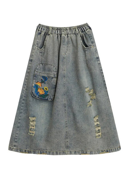 Denim Blue Hole Elastic Waist a Line Skirts Summer
