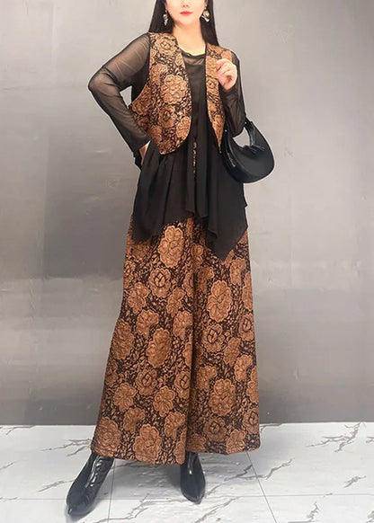 Stylish Gold Tulle Patchwork Coats and Wide Leg Pants Two Piece Set Fall