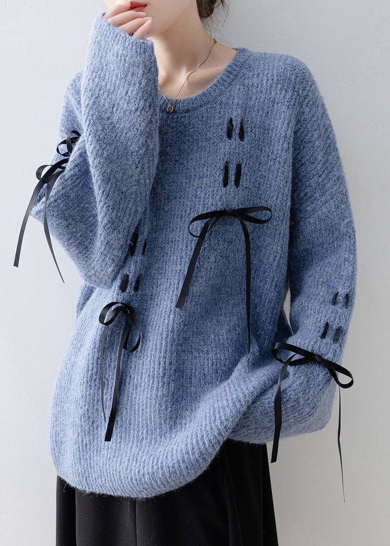 Style Blue O Neck Bow Knit Sweaters Spring