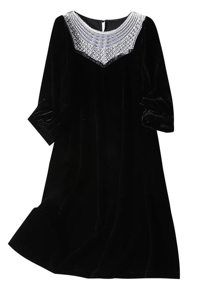 Fine Black O-neck Lace Patchwork Velour Mid Dress Spring