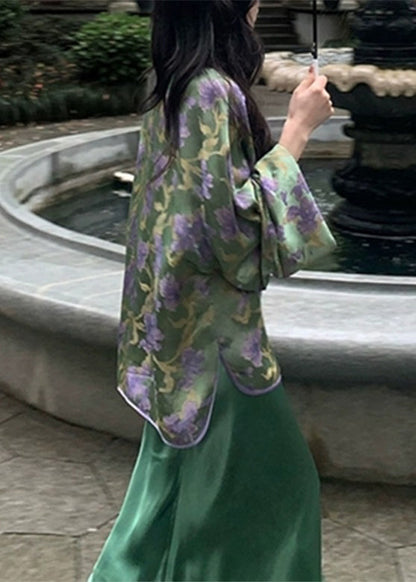 Chinese Style Peacock Blue V Neck Print Silk Shirts and Wide Skirt Two Pieces Set Spring