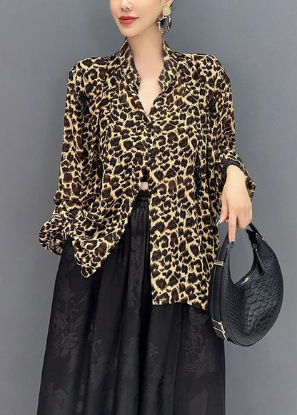 Leopard Stand Collar Asymmetrical Design Tops Fall