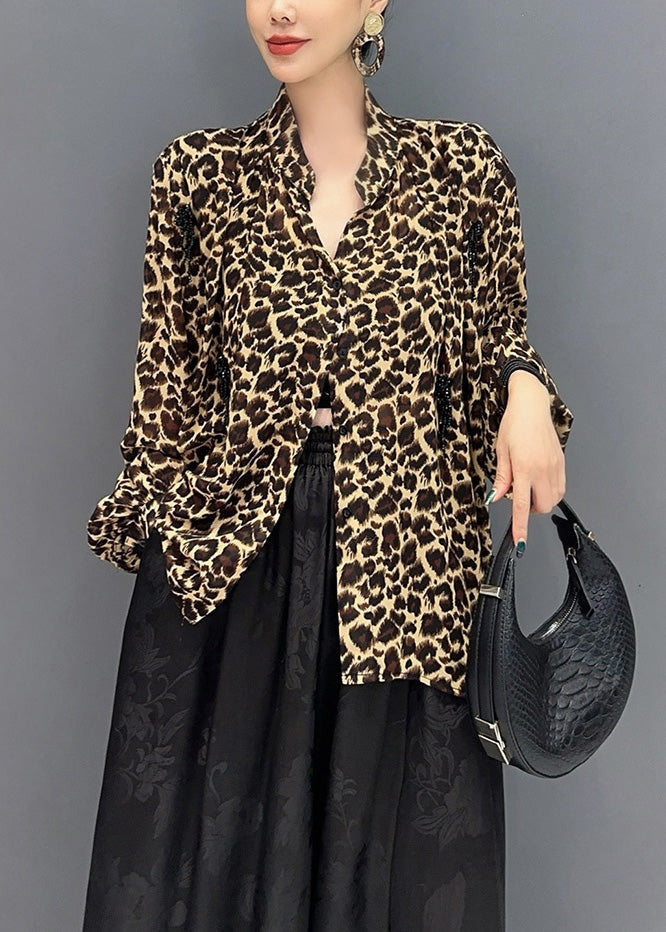 Leopard Stand Collar Asymmetrical Design Tops Fall