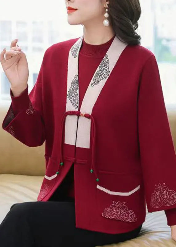 Red Patchwork Pockets Cotton Knit Coats and Sweaters Two Piece Set Three Quarter Sleeve