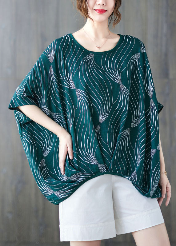 Green O-neck Print Cotton Pullover Tops Short Sleeve