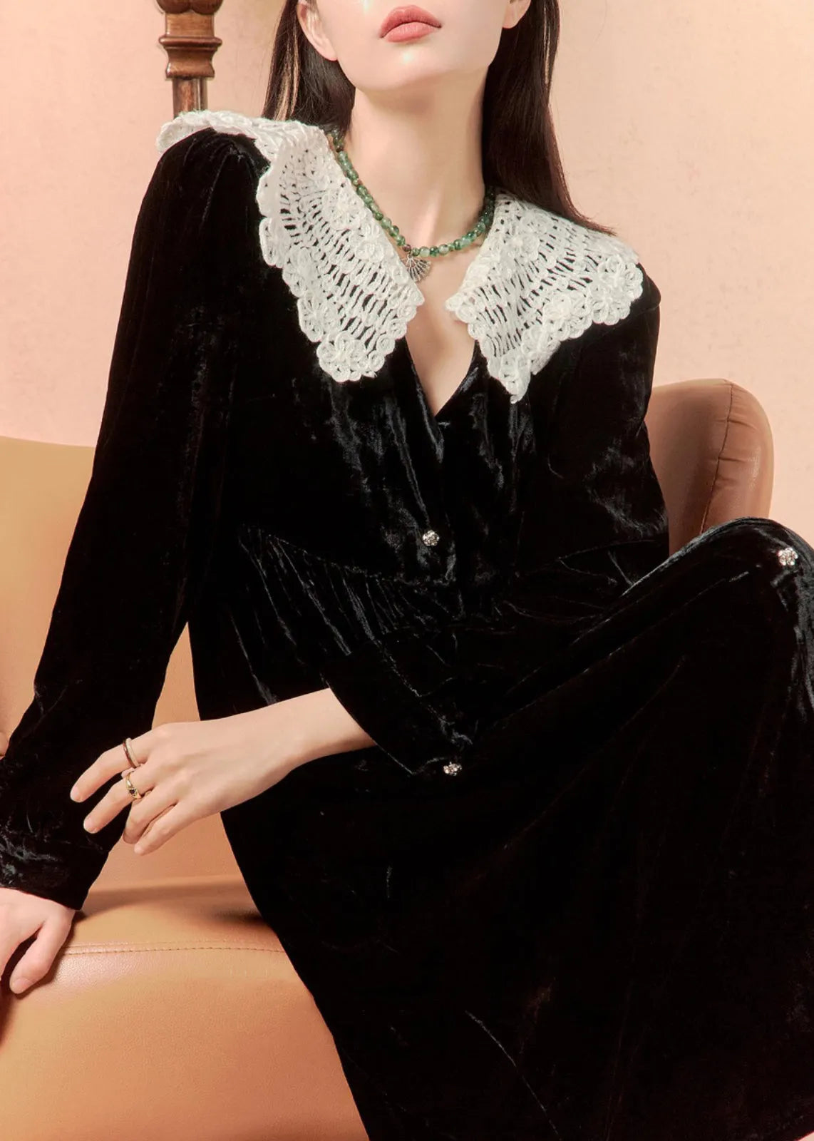 Italian Black Button Patchwork Silk Velour Shirts Dress Winter