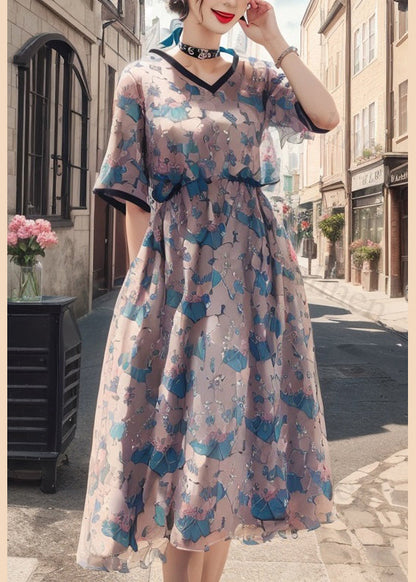 Blue V Neck Print Pockets Silk Dress Short Sleeve