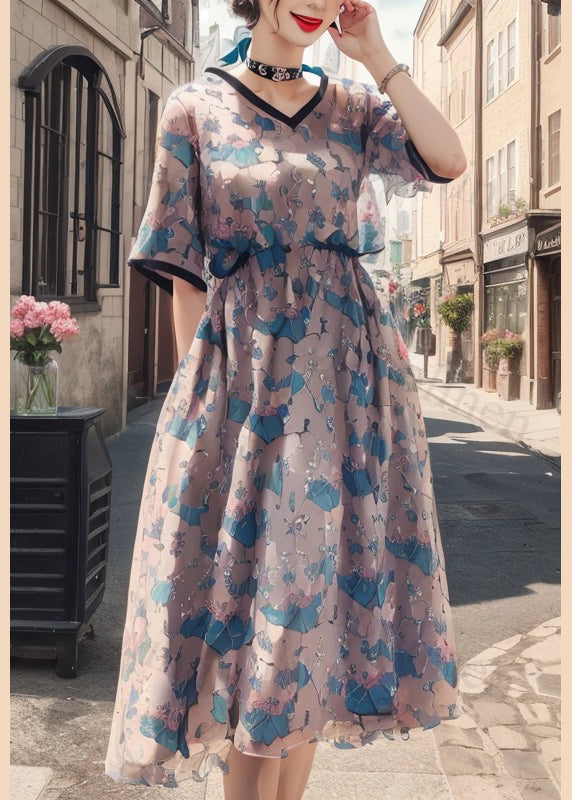 Blue V Neck Print Pockets Silk Dress Short Sleeve