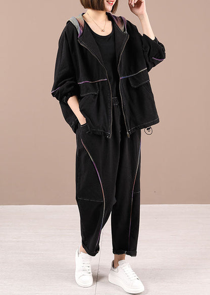 Black Loose Hooded Zippered Fall Two Pieces Set Long Sleeve