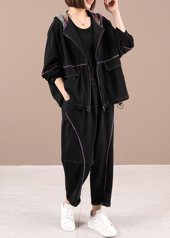Black Loose Hooded Zippered Fall Two Pieces Set Long Sleeve