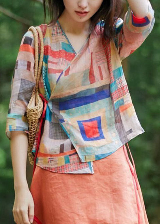 Colorblock Tie Waist Asymmetrical Design V Neck Print Blouse Tops Spring