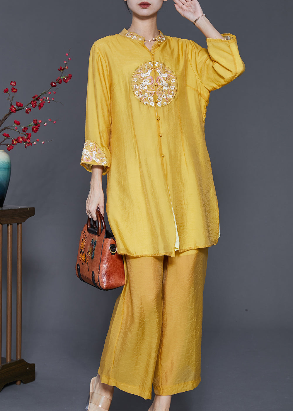 Yellow Linen Silk Two Piece Set Clothing Embroidered Spring