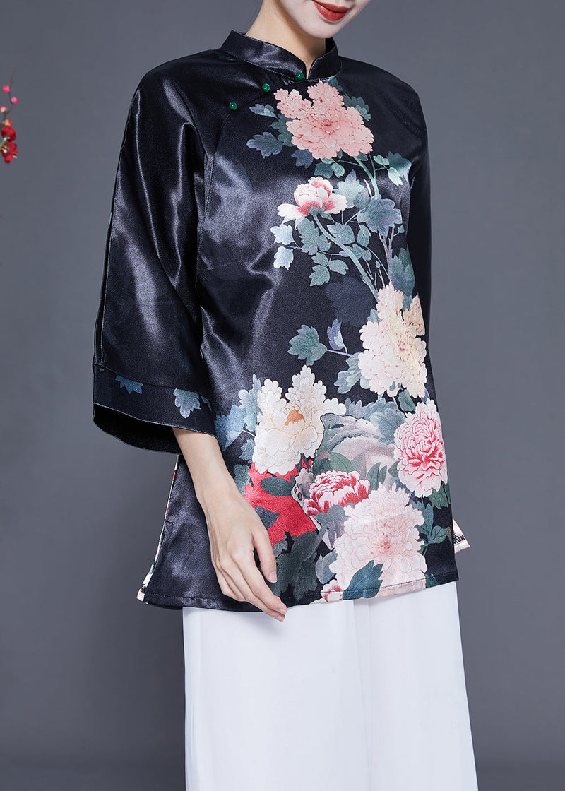 Diy Black Stand Collar Print Side Open Silk Shirt Bracelet Sleeve