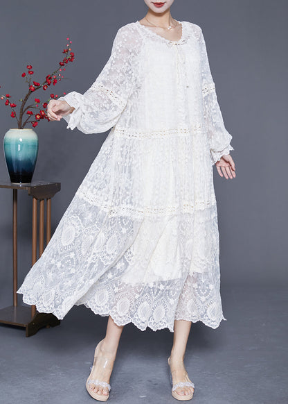 White Embroideried Patchwork Hollow Out Lace Maxi Dress Lantern Sleeve