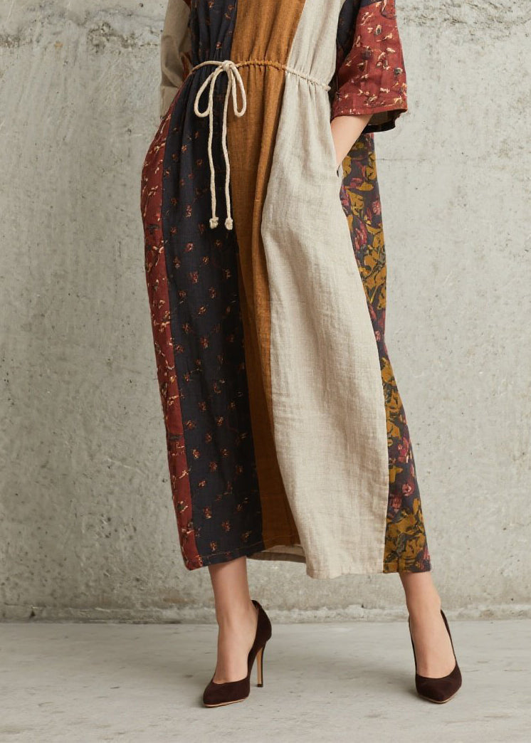 Colorblock Print Lace Up Cotton Dress Summer