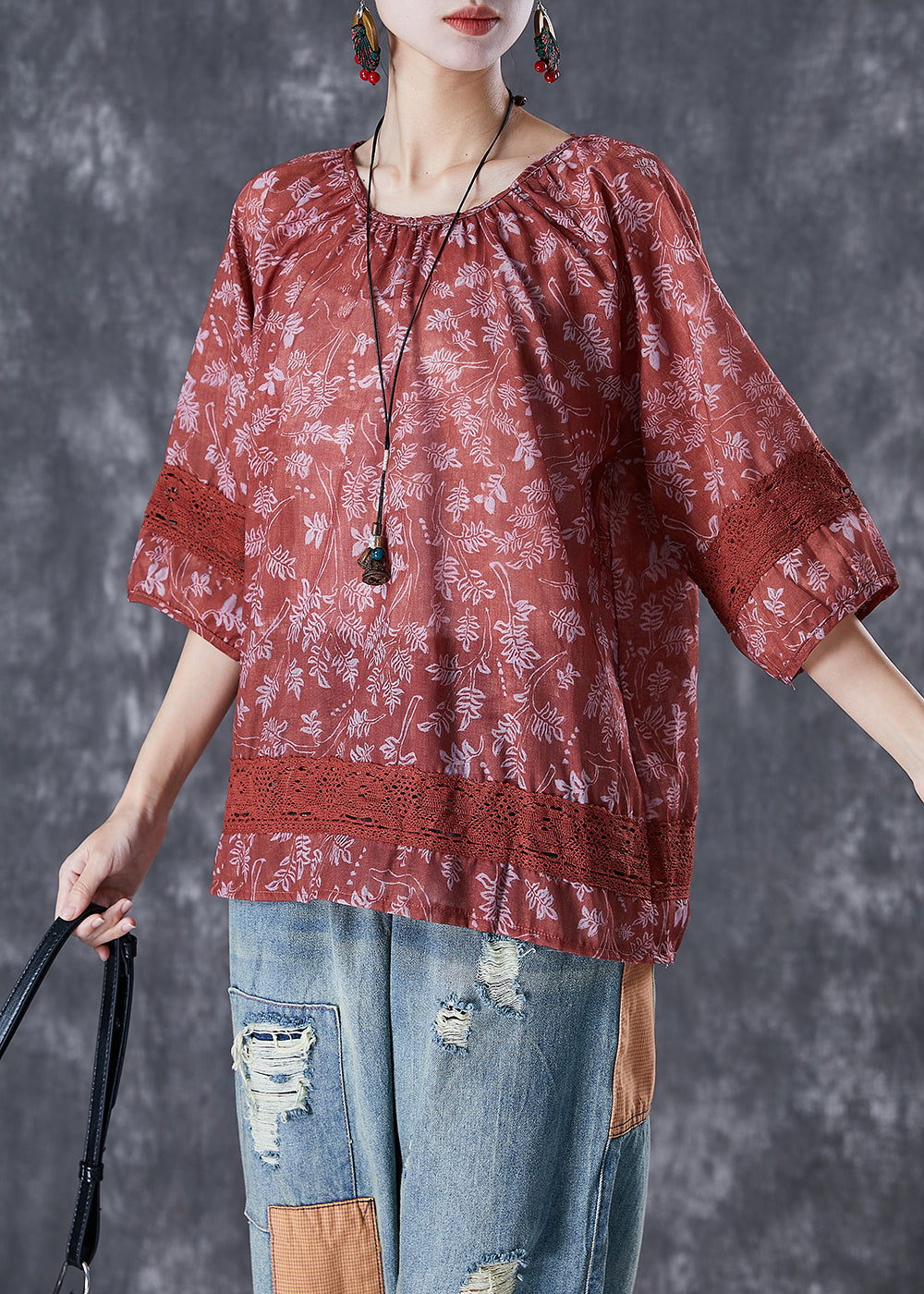 Dull Red Print Patchwork Hollow Out Linen Shirt Top Half Sleeve