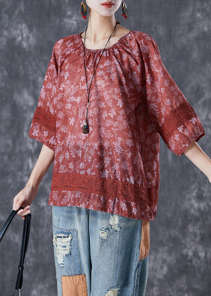 Dull Red Print Patchwork Hollow Out Linen Shirt Top Half Sleeve