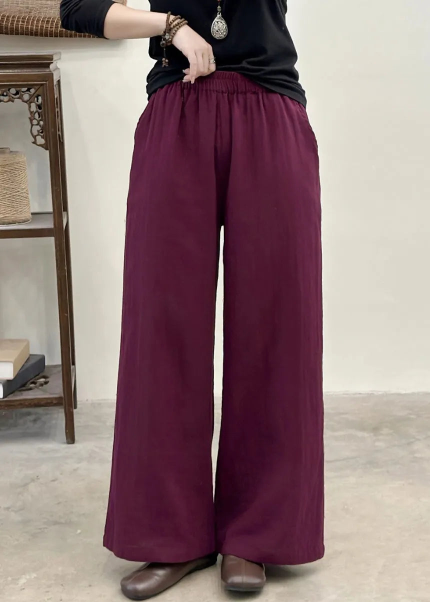 Purple Elastic Waist Pockets Linen Pants Summer