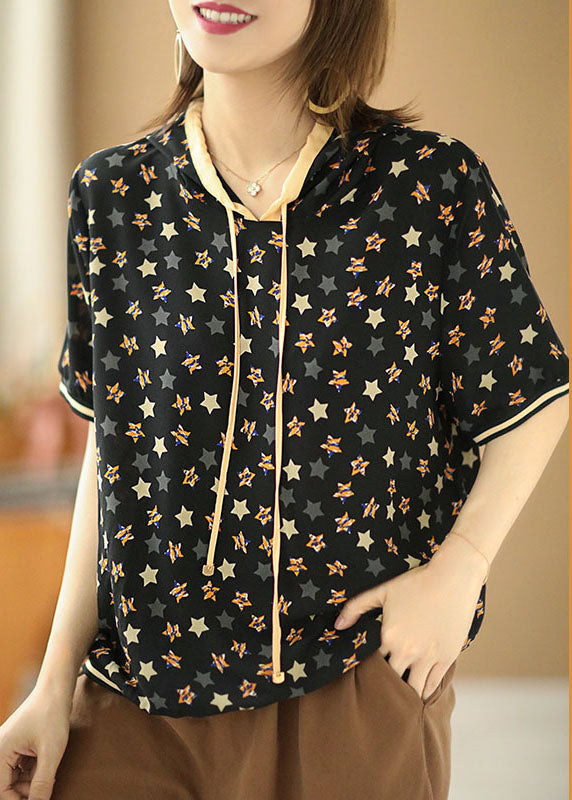 Black Drawstring Hooded Pentagram Print Silk Top Summer