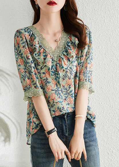V Neck Print Chiffon Tops Short Sleeve