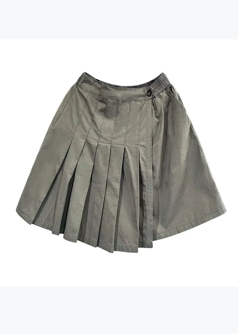 Versatile Green Elastic Waist Pleated Shorts Skirt Summer