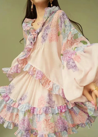 Loose Pink Ruffled Print Shirts and Skirts Cotton Two Piece Set Puff Sleeve