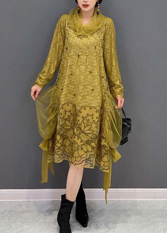Yellow Turtleneck Embroideried Tulle Holiday Dress Long Sleeve