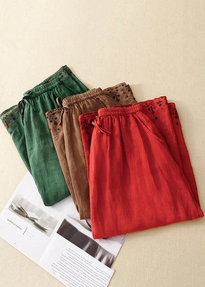 Green Embroidered Linen a Line Skirt Summer
