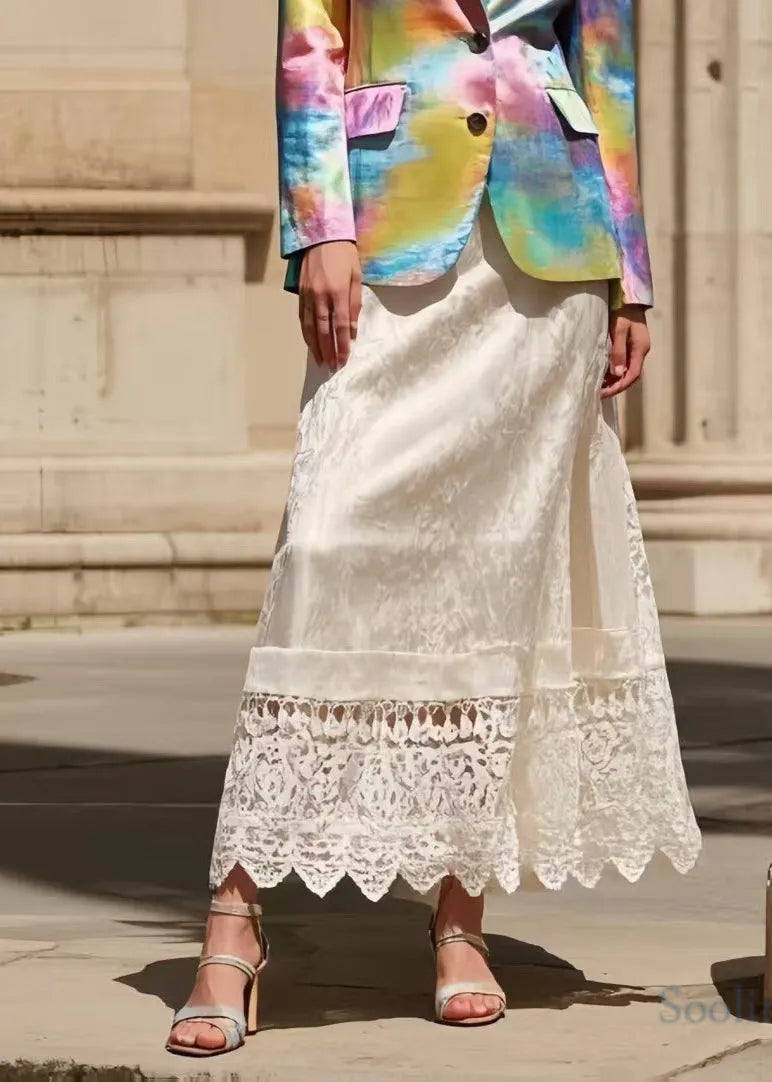 French Pearl White Silm Fit Patchwork Lace Skirt Spring
